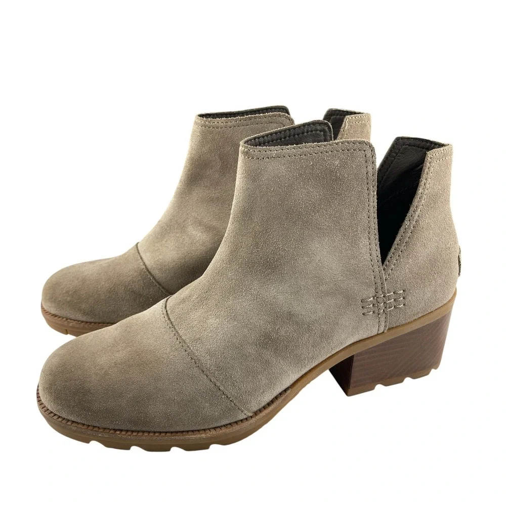Sorel Women's Cate Ankle Booties 9.5 Taupe Suede Block Heel Cut-Out Boots Boho